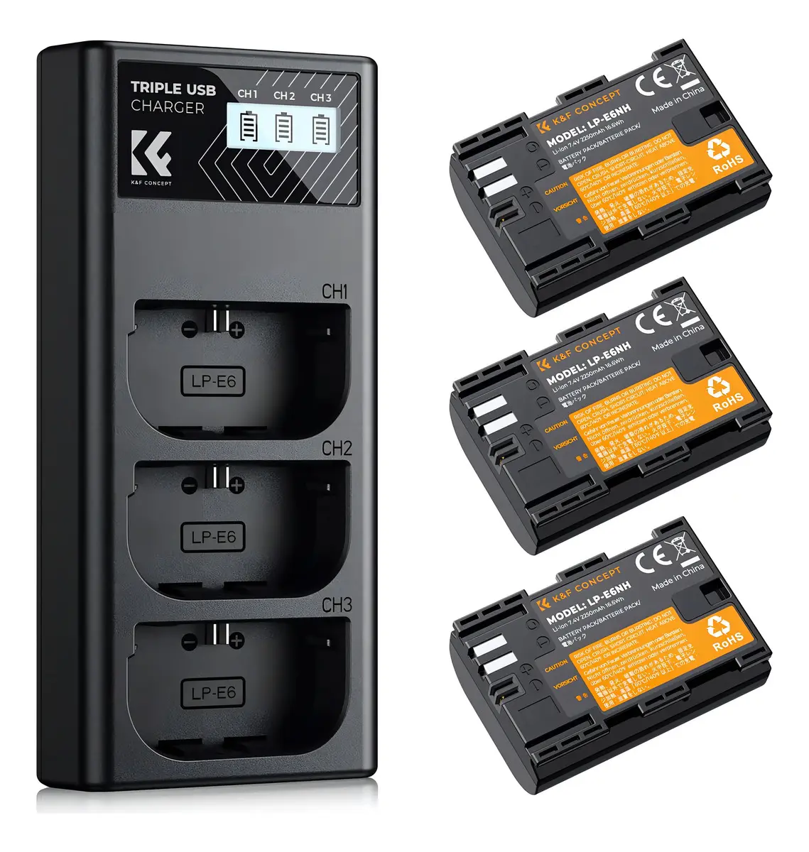 Kit de 3 Baterias e Carregador Triplo K&F Concept LP-E6NH Para Canon